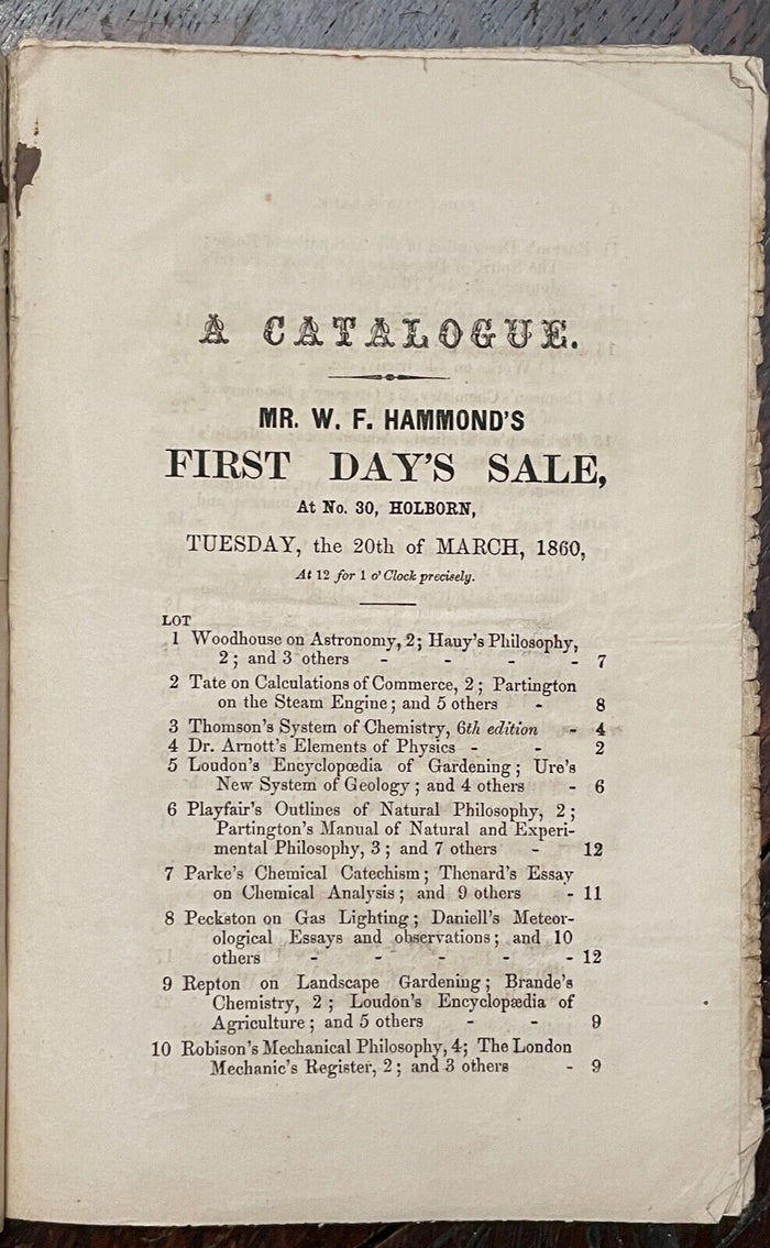 1860 LONDON AUCTION CATALOGUE - W.F. HAMMOND - BOOKS, LIBRARY