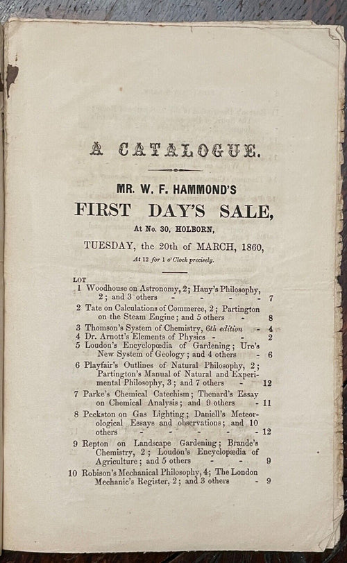 1860 LONDON AUCTION CATALOGUE - W.F. HAMMOND - BOOKS, LIBRARY