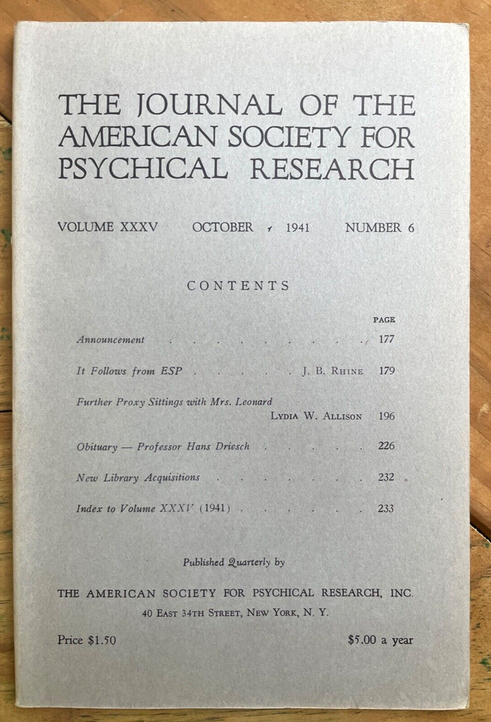 1941 JOURNAL OF AMERICAN SOCIETY FOR PSYCHICAL RESEARCH ASPR - ESP MEDIUMS