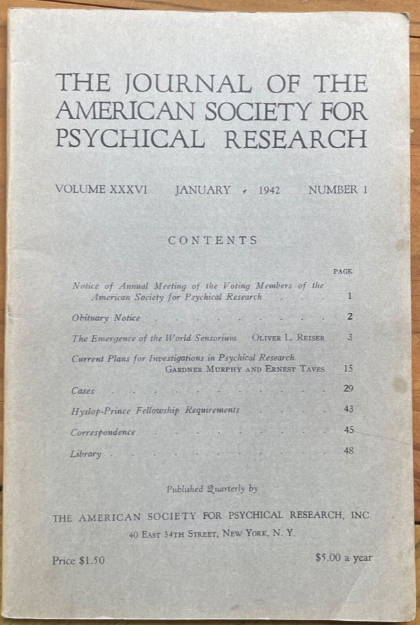 1942 JOURNAL OF AMERICAN SOCIETY FOR PSYCHICAL RESEARCH ASPR - SCIENCE PSYCHISM