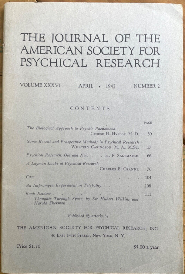 1942 JOURNAL OF AMERICAN SOCIETY FOR PSYCHICAL RESEARCH ASPR - TELEPATHY BIOLOGY