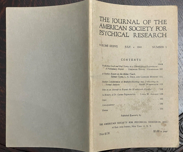 1943 JOURNAL OF AMERICAN SOCIETY FOR PSYCHICAL RESEARCH ASPR - OCCULT PARANORMAL