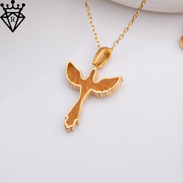 Angled close-up of the amber phoenix pendant on a white surface with a black crown-and-diamond logo watermark