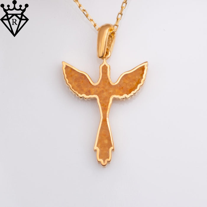 Front-facing amber phoenix pendant on a white background with a black crown-and-diamond logo watermark