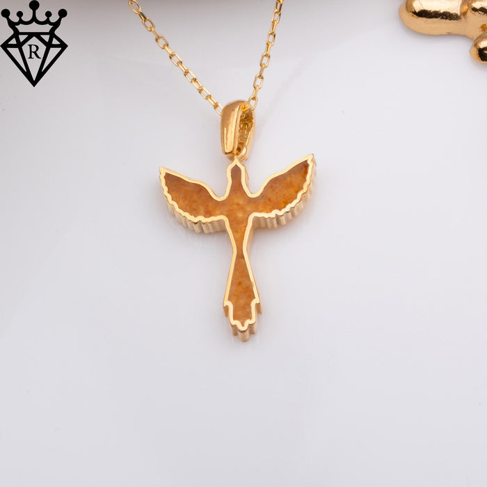 Close-up of the amber phoenix pendant with spread wings, textured center, tapered tail, and a black crown-and-diamond logo watermark