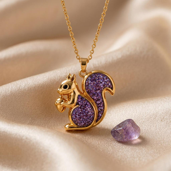 Gold Plated Silver Amethyst Druzy Snack Necklace with a squirrel holding a small snack on champagne satin