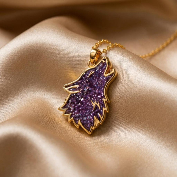 Gold Plated Silver Amethyst Druzy Wolf Necklace with a textured purple howling wolf pendant on champagne satin