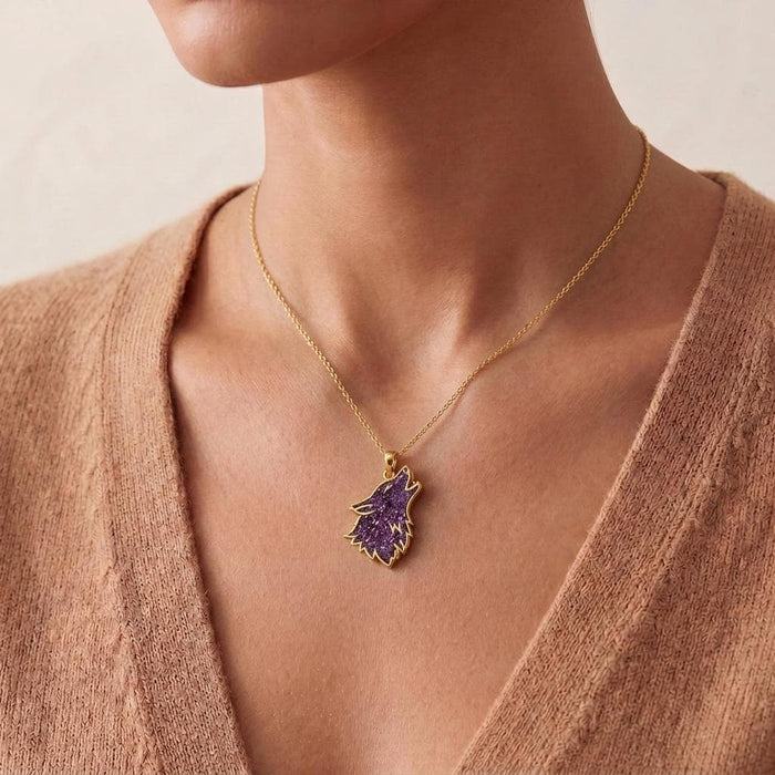 Close neckline view of a model wearing a Gold Plated Silver Amethyst Druzy Wolf Necklace