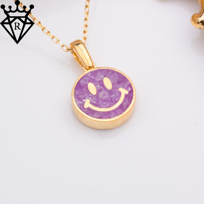 Angled view highlighting the raised curved smile and textured purple face