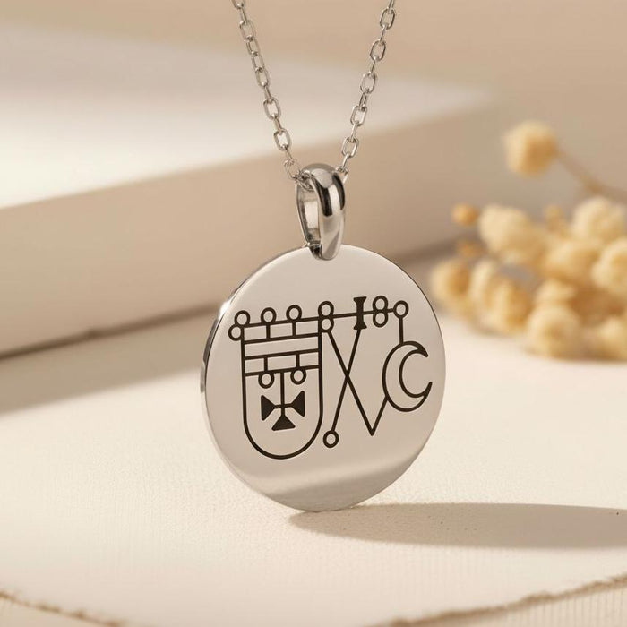 Silver Bathin Sigil Necklace close-up with a round pendant and centered sigil