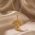 Gold Plated Silver Ficus Flow Pendant with a rounded bead-like tree canopy on champagne satin