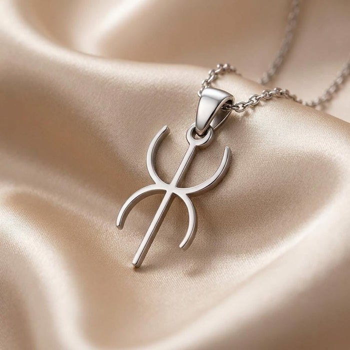 Angled close-up of the Duality Symbol pendant and chain on ivory satin
