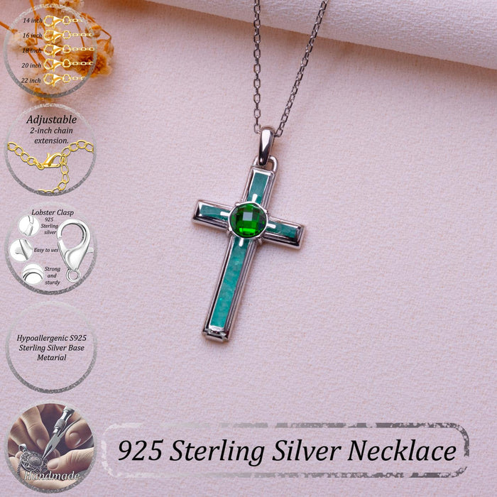 Green-panel Birthstone Cross Necklace with product-detail graphics