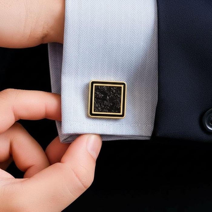 Gold Plated Silver Black Onyx Cufflink worn on a light blue dress-shirt cuff