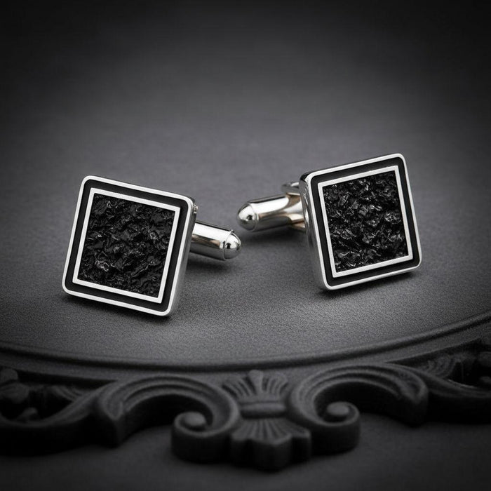 Pair of Silver Black Onyx Cufflinks showing square double-frame faces and traditional posts
