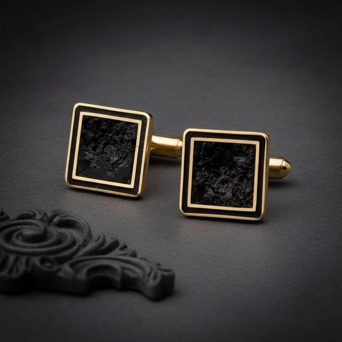 Gold Plated Silver Black Onyx Cufflinks displayed as a matching pair on a dark surface