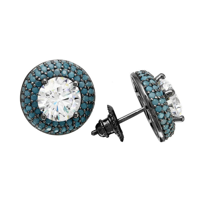 Silver 925 Black Rhodium Blue CZ Halo Stud Earrings - GME00082BLK | Silver Palace Inc.