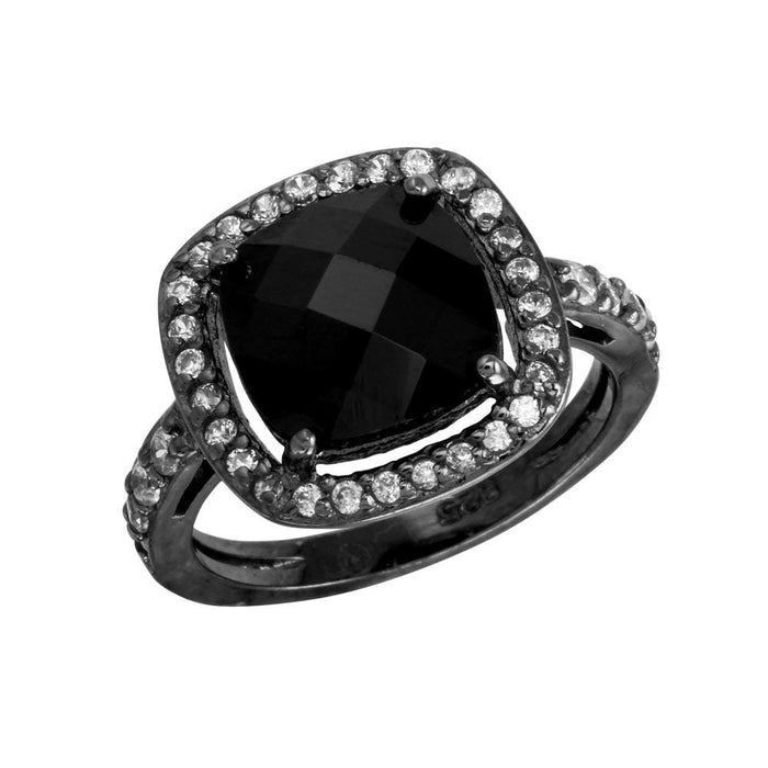 Silver 925 Black Rhodium Plated Square Halo Black CZ Center Ring - STR00597BLK | Silver Palace Inc.