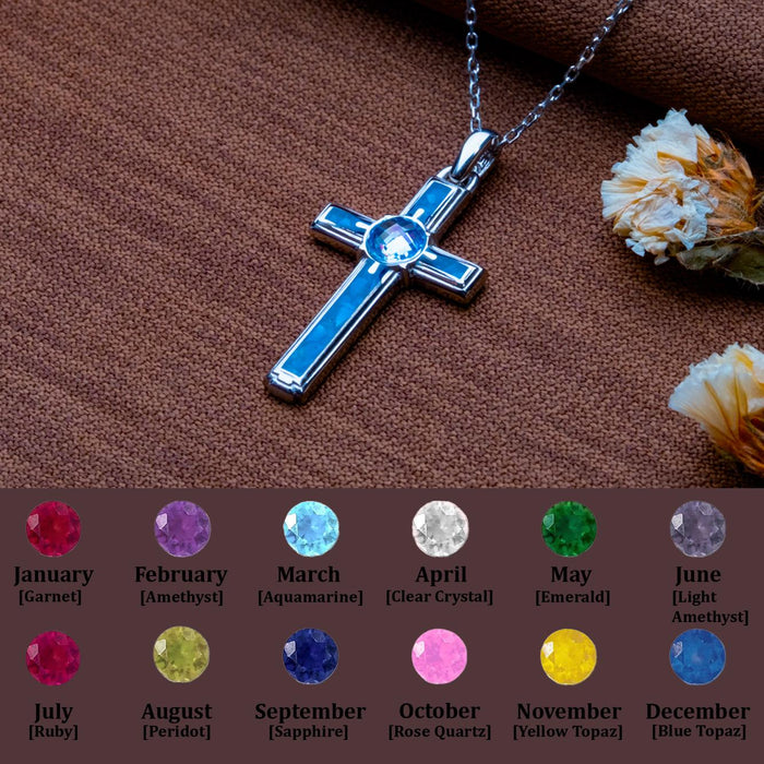 Blue Agate Cross Necklace above customer-selectable birthstone personalization chart
