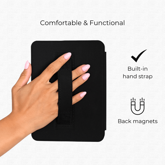 Kindle case features - hand strap, magnets, auto wake/sleep