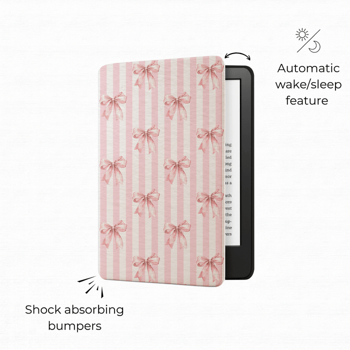 Blush bows Kindle case open showing interior and hand strap functionality