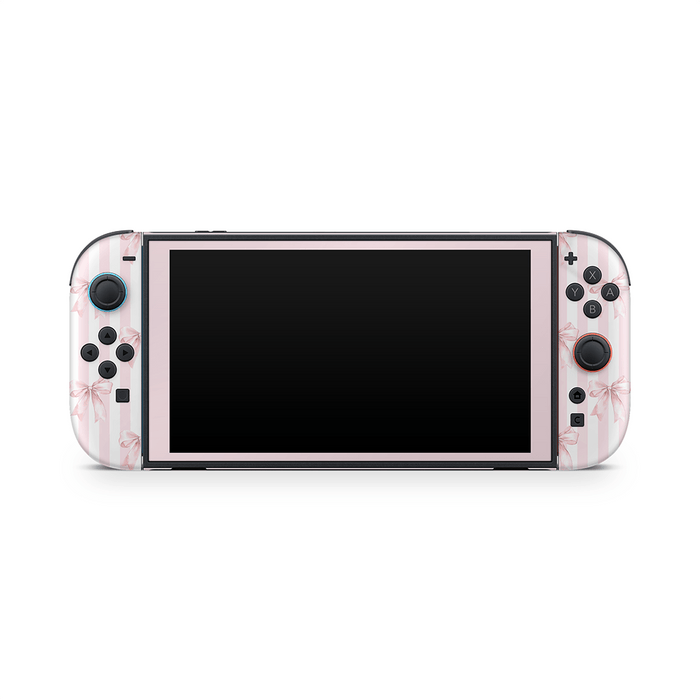 Close-up of blush bows Switch 2 skin showing whimsical pink bow design