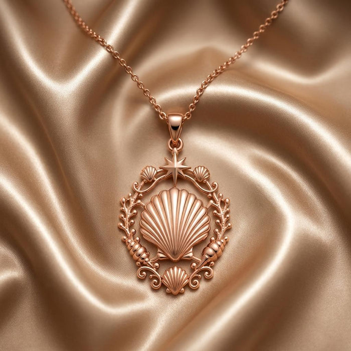 Rose Gold Plated Shell Halo Pendant Necklace with a ridged central shell on champagne satin