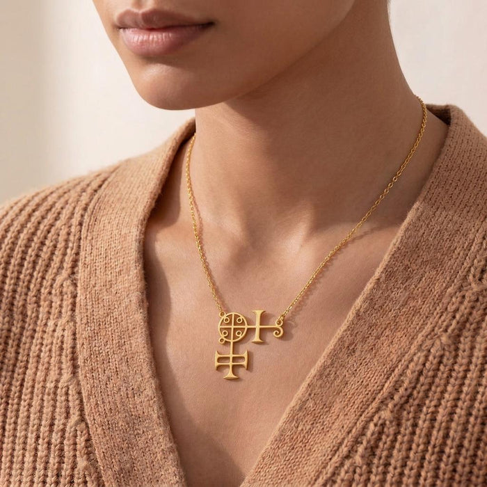 Gold Plated Silver Buer Seal Necklace shown at the collarbone with a textured knit sweater