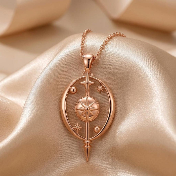 Rose-toned Celestial Barrier pendant on champagne satin