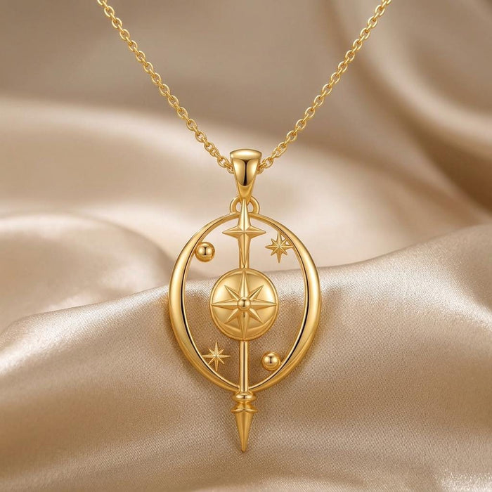 Front view of the Gold Plated Silver Celestial Barrier Pendant Necklace on ivory satin