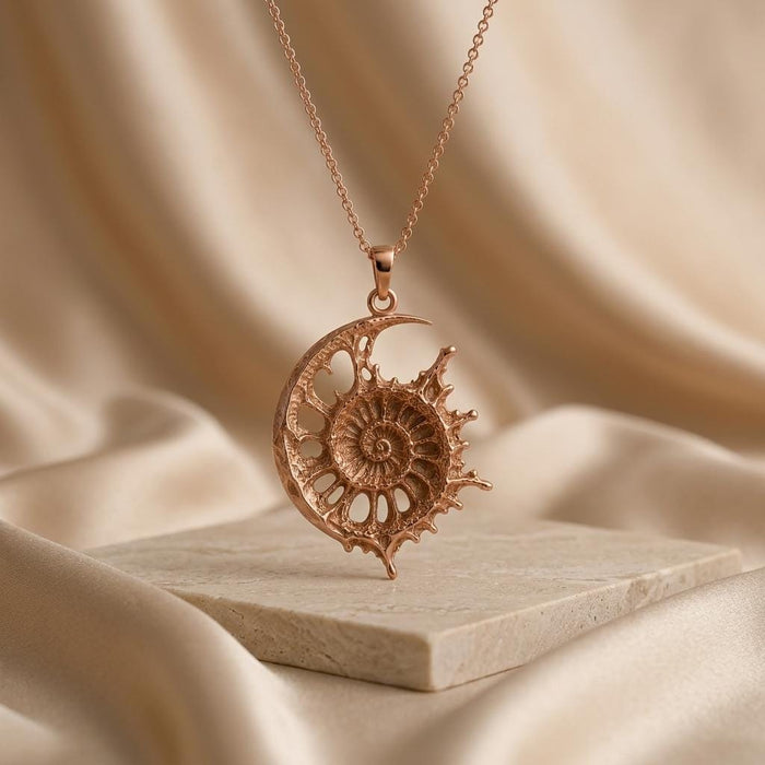 Rose Gold Plated Celestial Fossil Pendant Necklace with an ammonite-inspired spiral displayed on a pale stone slab