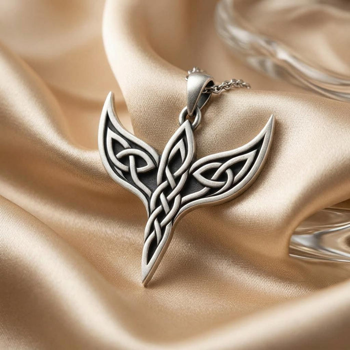 Celtic Wing Knot Necklace with openwork wings and an interlaced center knot displayed on champagne satin