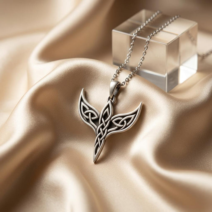 Celtic Wing Knot Necklace arranged on champagne satin beside a clear display block