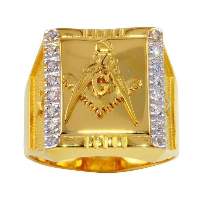 Silver 925 Two-Toned Square Masonik Ring with CZ - GMR00238GR | Silver Palace Inc.