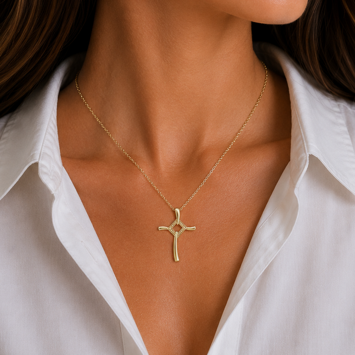 Clearance- 925 Sterling Silver Waved Cross Pendant Necklace - STP00075