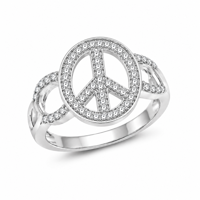 Clearance -Rhodium Plated 925 Silver CZ  Peace Sign Ring - STR00592