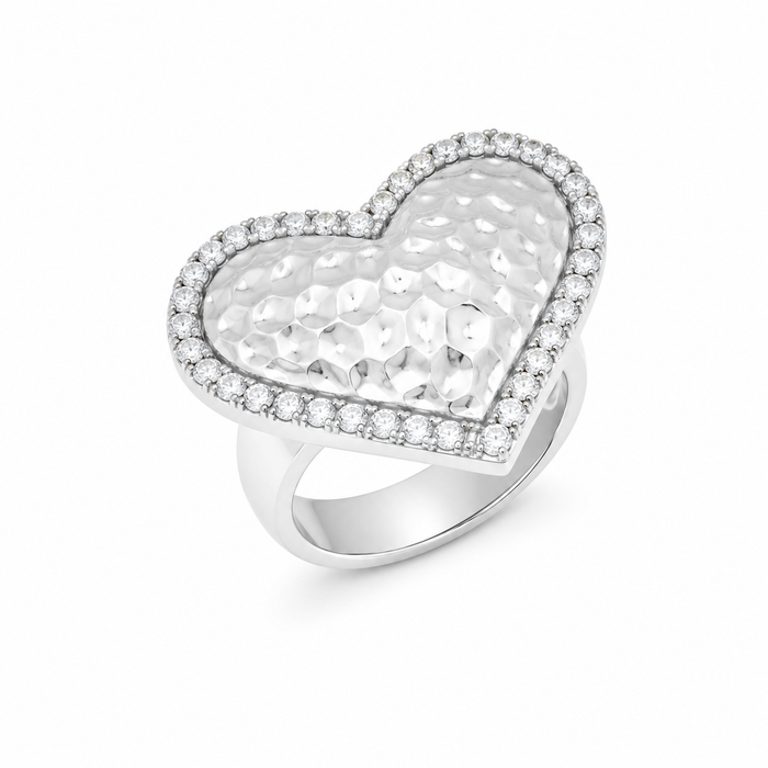 Clearance- Rhodium PLated 925 Silver Hammered Chunky CZ Heart Ring - STR00341