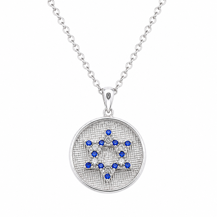 Clearance- Rhodium Plated 925 Silver Matte Blue CZ Star of David Disc Pendant Necklace - STP00510
