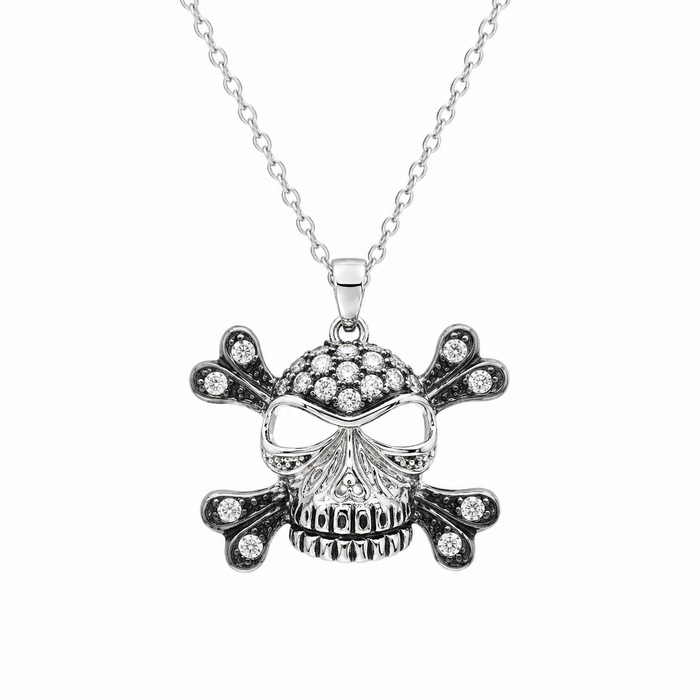 Clearance Two Tone 925 Sterling Silver Skull and Bones Pendant Necklace - STP00396