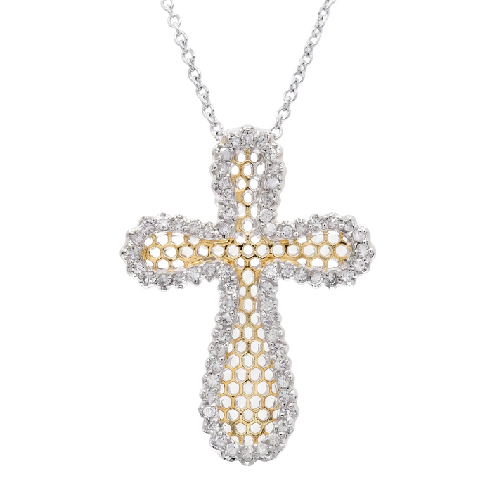 Clearance- Two Tone Honeycomb CZ Cross Pendant Necklace - STP00379