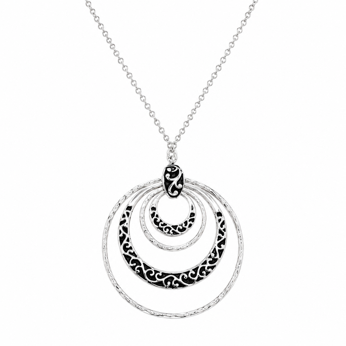 Clearance-Rhodium Plated 925 Silver Multi Open Circle Flower Design Pendant Necklace - BGN00049