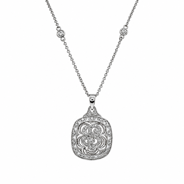 Clearance-Rhodium Plated 925 Silver Square Antique Ornate CZ Pendant Necklace - BGN00047