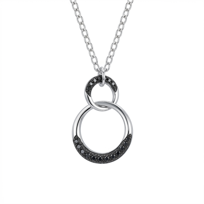 Clearance-Rhodium Plated 925 Sterling Silver Black CZ Interlocking Circles Necklace - STP00541