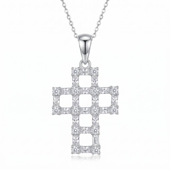 Clearance-Rhodium Plated 925 Sterling Silver CZ Basket Cross Pendant Necklace - STP00464