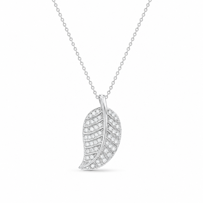 Clearance-Rhodium PLated 925 Sterling Silver CZ Leaf Pendant Necklace - STP00789