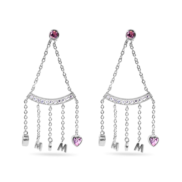 Rhodium Plated 925 Sterling Silver Dangling Hearts Mom Earrings - STE00116 | Silver Palace Inc.