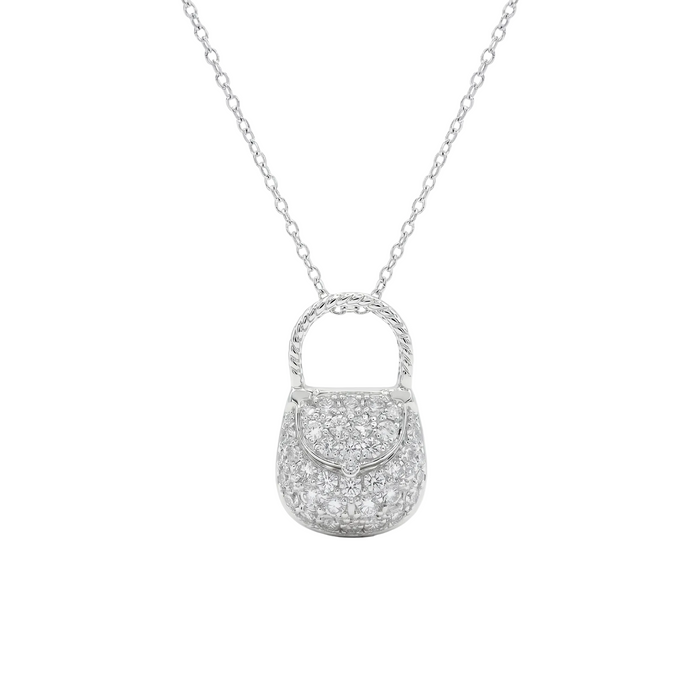 Clearance-Rhodium Plated 925 Sterling Silver Oval Purse Pendant Necklace - STP00062