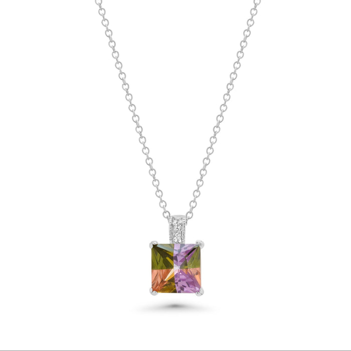 Clearance-Silver 925 Multi Color CZ Rhodium Plated Square Stone Pendant Necklace - BGP00051