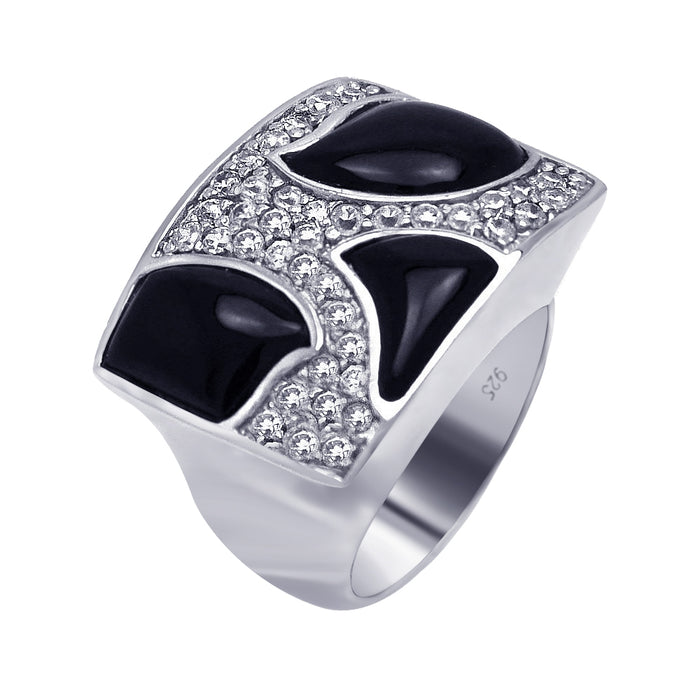 Clearance-Silver 925 Rhodium Plated Black Onyx Clear Pave Set CZ Square Ring - BGR00167