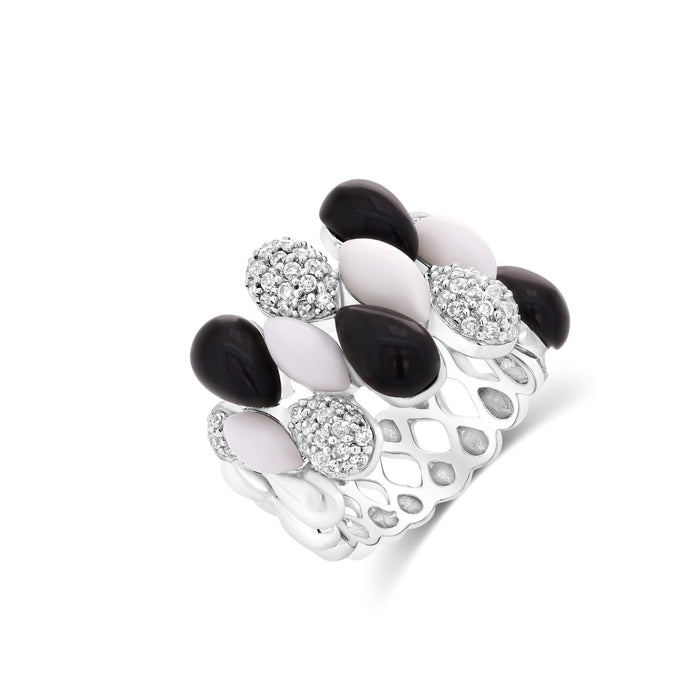 Clearance-Silver 925 Rhodium Plated Multi Shaped Onyx White Enamel Clear CZ Ring - BGR00168